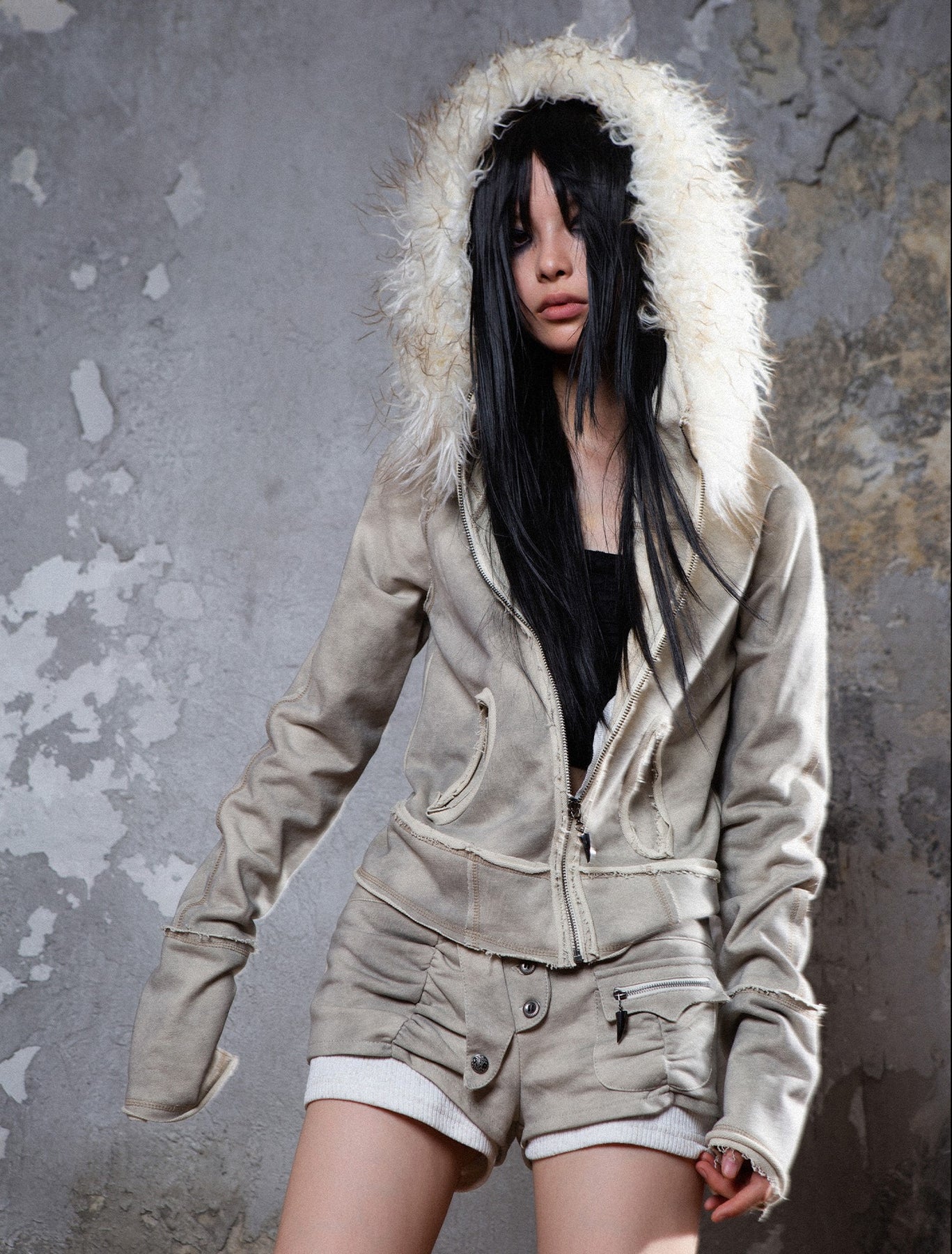 Fall Winter Punk Short Jacket with Fur Trim – Loose Fit