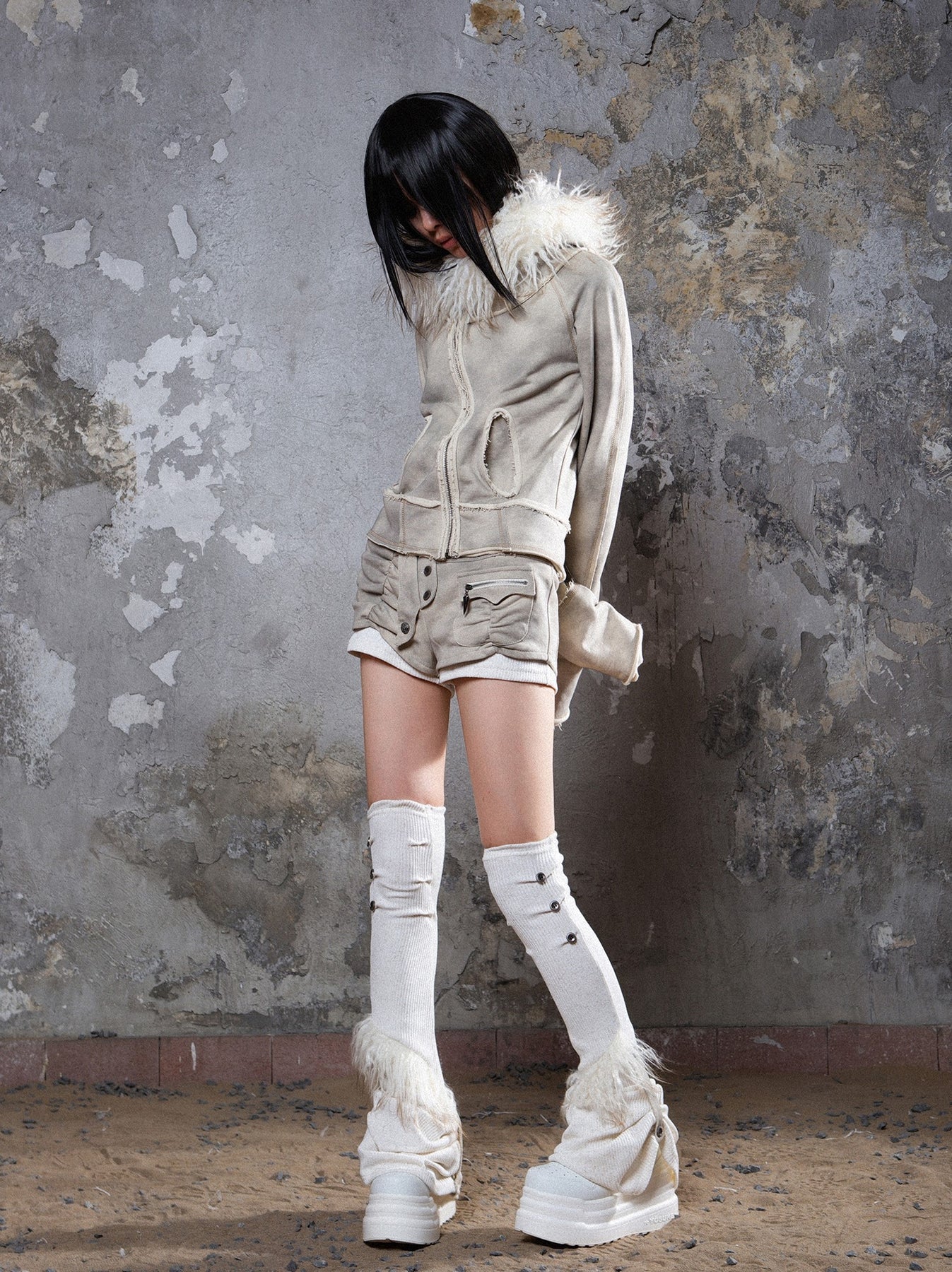 Fall Winter Punk Short Jacket with Fur Trim – Loose Fit
