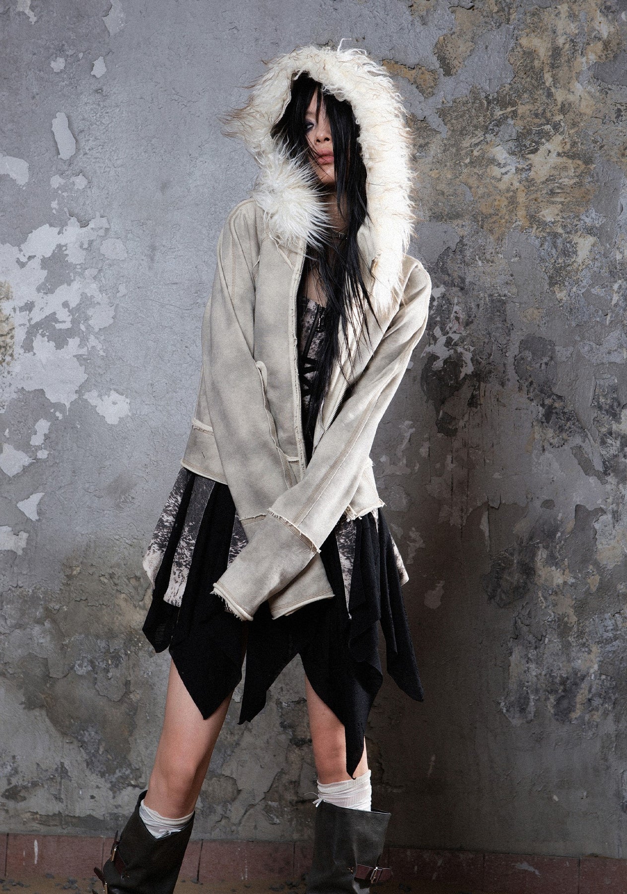 Fall Winter Punk Short Jacket with Fur Trim – Loose Fit
