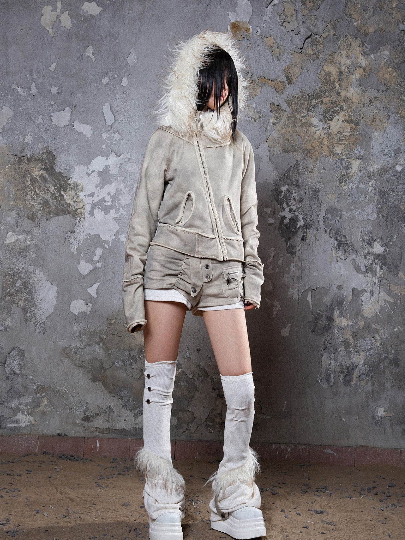 Fall Winter Punk Short Jacket with Fur Trim – Loose Fit