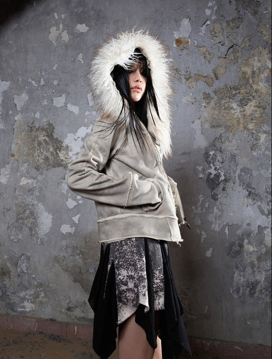 Fall Winter Punk Short Jacket with Fur Trim – Loose Fit