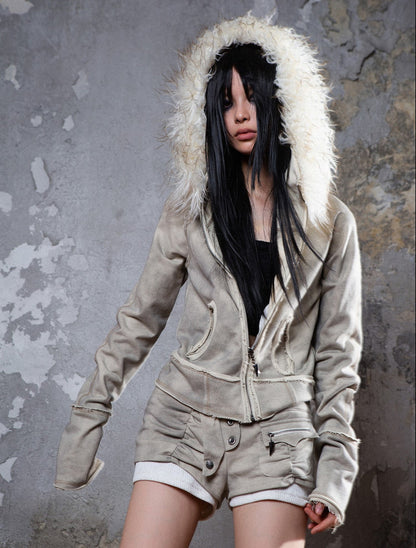Fall Winter Punk Short Jacket with Fur Trim – Loose Fit