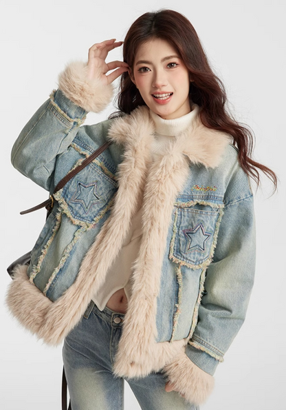 Star Pocket Denim-Style Long Cotton Jacket with Fur Trim