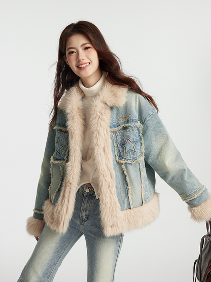 Star Pocket Denim-Style Long Cotton Jacket with Fur Trim