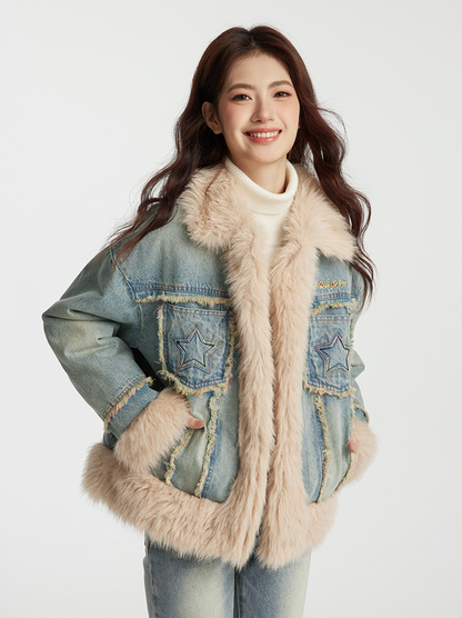 Star Pocket Denim-Style Long Cotton Jacket with Fur Trim