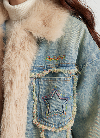 Star Pocket Denim-Style Long Cotton Jacket with Fur Trim