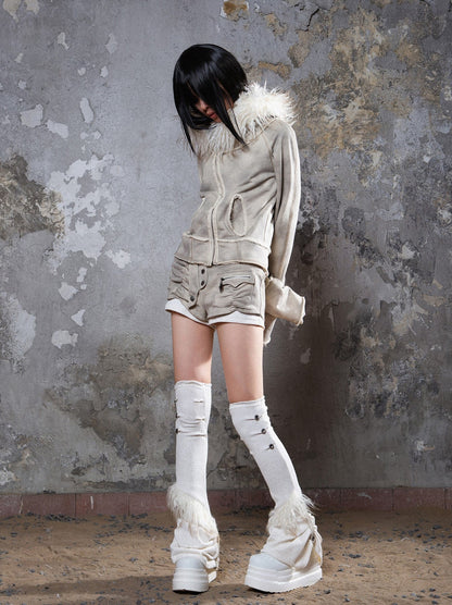 Fall Winter Punk Short Jacket with Fur Trim – Loose Fit