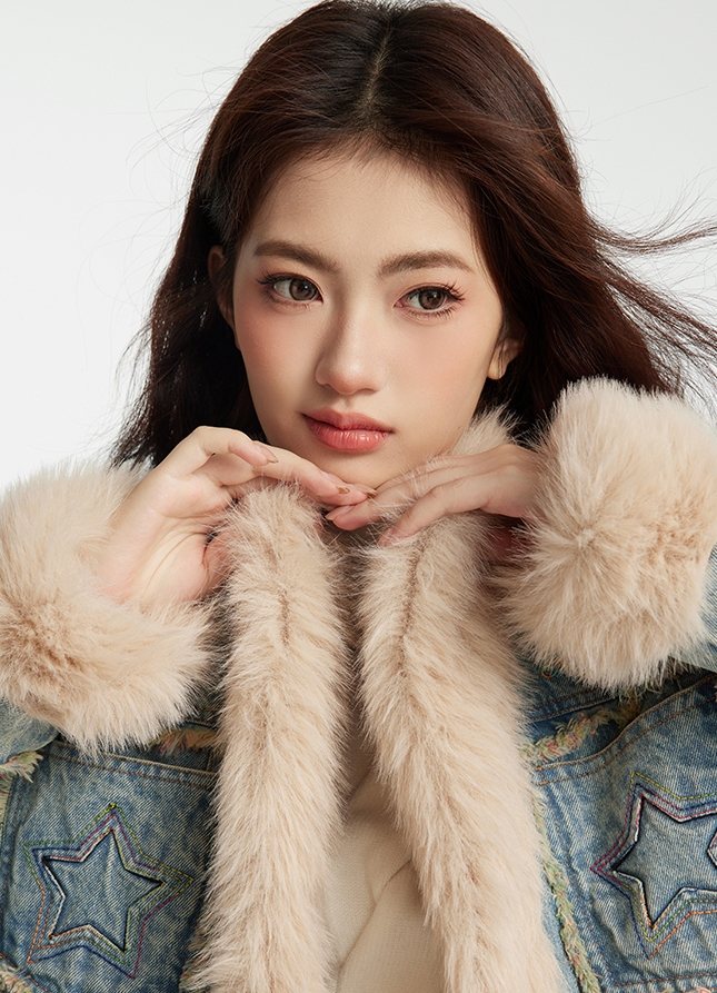 Star Pocket Denim-Style Long Cotton Jacket with Fur Trim