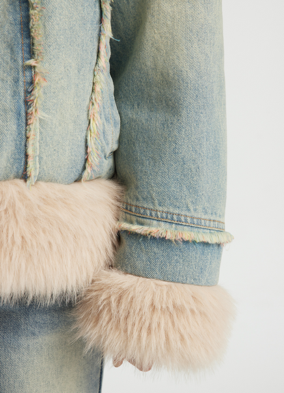 Star Pocket Denim-Style Long Cotton Jacket with Fur Trim