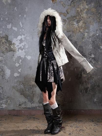 Fall Winter Punk Short Jacket with Fur Trim – Loose Fit