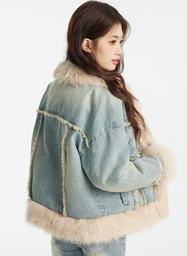 Star Pocket Denim-Style Long Cotton Jacket with Fur Trim