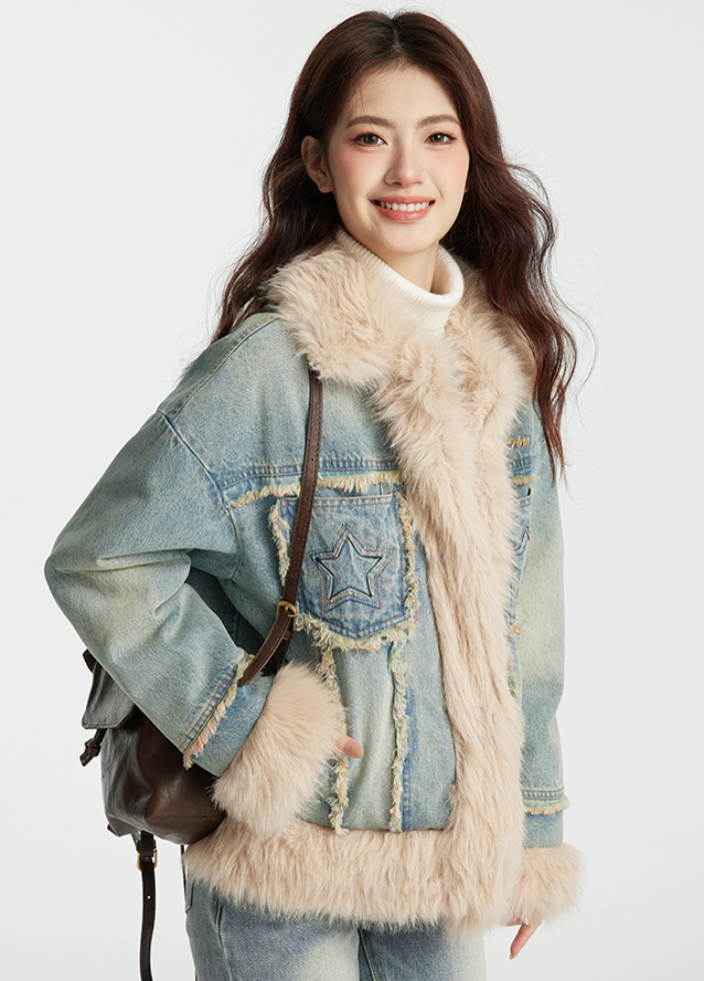Star Pocket Denim-Style Long Cotton Jacket with Fur Trim