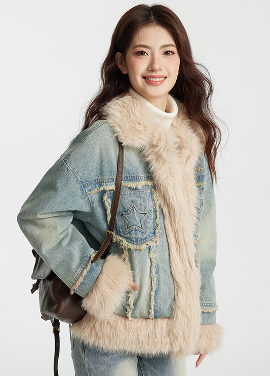 Star Pocket Denim-Style Long Cotton Jacket with Fur Trim