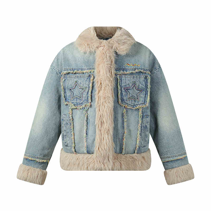 Star Pocket Denim-Style Long Cotton Jacket with Fur Trim