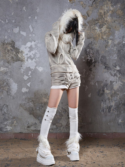 Fall Winter Punk Short Jacket with Fur Trim – Loose Fit